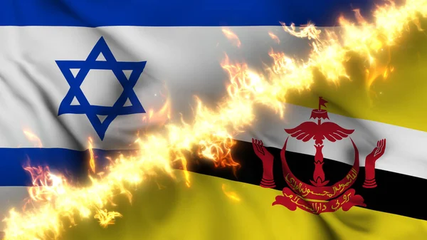 Ilustrace Vlnící Vlajky Izraele Bruneje Oddělené Linií Palby Křížové Vlajky — Stock fotografie