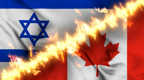 Ilustrace Vlnící Vlajky Izraele Kanady Oddělené Linií Palby Křížové Vlajky — Stock fotografie