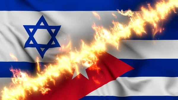 Ilustrace Vlnící Vlajky Izraele Kuby Oddělené Linií Palby Křížové Vlajky — Stock fotografie