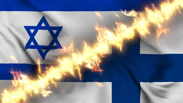 以色列和芬兰摇曳的国旗被一道火线隔开的图例 交叉旗帜 对两国关系紧张 冲突和竞争的描述 — 图库照片
