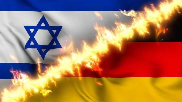 Illustration of a waving flag of Israel and Germany separated by a line of fire. Crossed flags: depiction of strained relations, conflicts and rivalry between the two countries