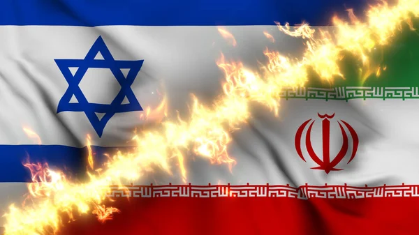 Illustration Drapeau Ondulé Israël Iran Séparé Par Une Ligne Feu — Photo