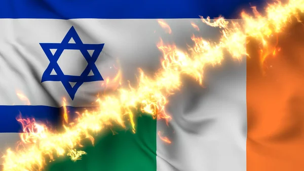 以色列和爱尔兰摇曳的国旗被一道火线隔开的图例 交叉旗帜 对两国关系紧张 冲突和竞争的描述 — 图库照片