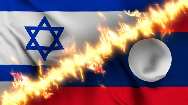 Ilustrace Vlající Vlajky Izraele Laosu Oddělené Linií Palby Křížové Vlajky — Stock fotografie