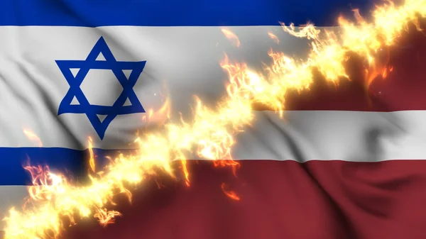 Ilustrace Vlnící Vlajky Izraele Lotyšska Oddělené Linií Palby Křížové Vlajky — Stock fotografie