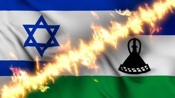 Ilustrace Vlnící Vlajky Izraele Lesotha Oddělené Linií Palby Křížové Vlajky — Stock fotografie