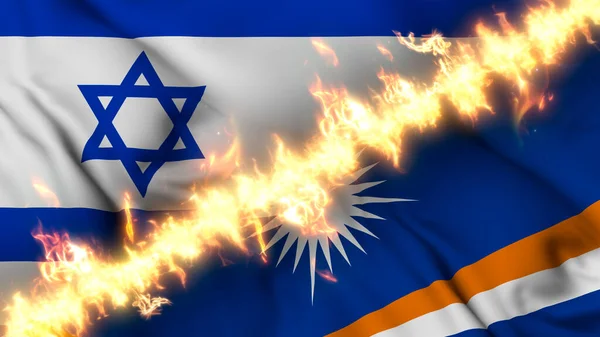 以色列和马绍尔群岛摇曳的国旗被一道火线隔开的例子 交叉旗帜 对两国关系紧张 冲突和竞争的描述 — 图库照片
