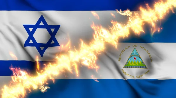 Ilustrace Vlnící Vlajky Izraele Nikaraguy Oddělené Linií Palby Křížové Vlajky — Stock fotografie
