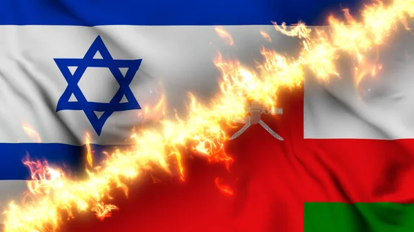 Illustration of a waving flag of Israel and Oman separated by a line of fire. Crossed flags: depiction of strained relations, conflicts and rivalry between the two countries