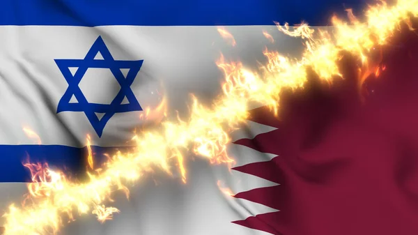 Illustration Drapeau Ondulé Israël Qatar Séparé Par Une Ligne Feu — Photo
