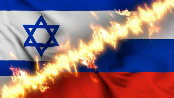Ilustrace Vlnící Vlajky Izraele Ruska Oddělené Linií Palby Křížové Vlajky — Stock fotografie