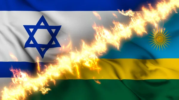 Ilustrace Vlnící Vlajky Izraele Rwandy Oddělené Linií Palby Křížové Vlajky — Stock fotografie