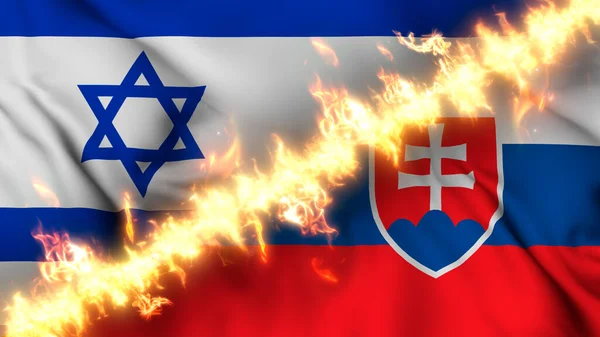 Ilustracja Machającej Flagi Izraela Słowacji Oddzielonej Linią Ognia Krzyżowane Flagi — Zdjęcie stockowe