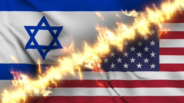 Illustration of a waving flag of Israel and USA separated by a line of fire. Crossed flags: depiction of strained relations, conflicts and rivalry between the two countries