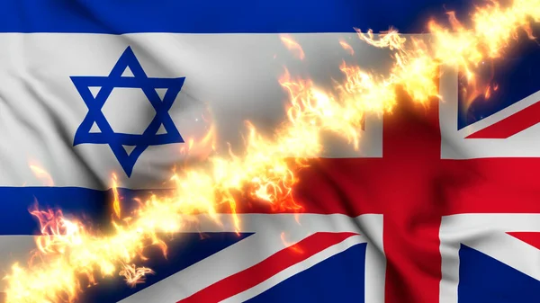 Stock image Illustration of a waving flag of Israel and United Kingdom separated by a line of fire. Crossed flags: depiction of strained relations, conflicts and rivalry between the two countries