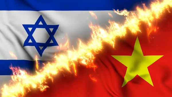 火の線で区切られたイスラエルとベトナムの波状の旗のイラスト クロスフラグ 両国間の緊張関係 紛争や競争の描写 — ストック写真