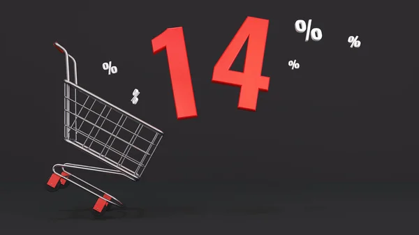 stock image 14 percent discount flying out of a shopping cart on a black background. Concept of discounts, black friday, online sales. 3d rendering