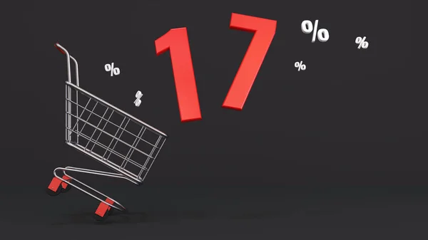 Stock image 17 percent discount flying out of a shopping cart on a black background. Concept of discounts, black friday, online sales. 3d rendering