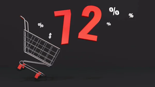 黒の背景にショッピングカートから72 の割引が飛んでいます 黒の金曜日 オンライン販売の概念 3Dレンダリング — ストック写真