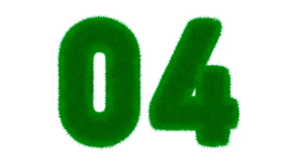 Number 04 from natural green font in the form of grass on an isolated white background. 3d render illustration