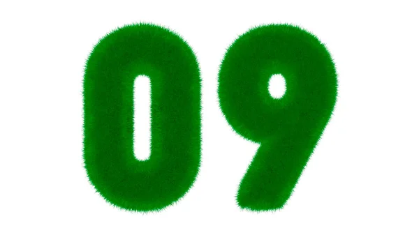 Number 09 from natural green font in the form of grass on an isolated white background. 3d render illustration