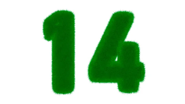 Number 14 from natural green font in the form of grass on an isolated white background. 3d render illustration