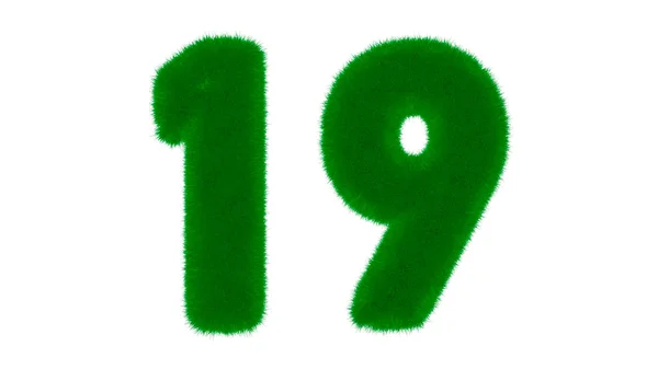 Number 19 from natural green font in the form of grass on an isolated white background. 3d render illustration