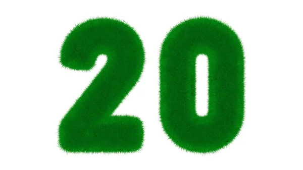 Number 20 from natural green font in the form of grass on an isolated white background. 3d render illustration