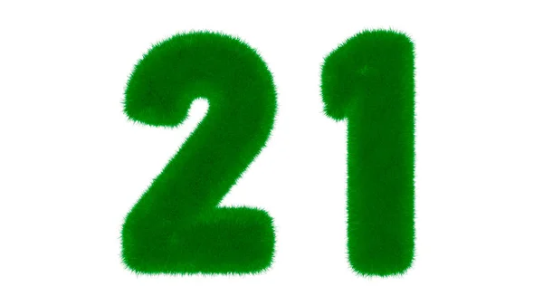 Number 21 from natural green font in the form of grass on an isolated white background. 3d render illustration