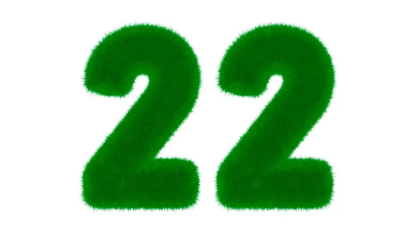 Number 22 from natural green font in the form of grass on an isolated white background. 3d render illustration
