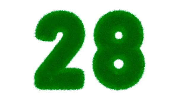 Number 28 from natural green font in the form of grass on an isolated white background. 3d render illustration