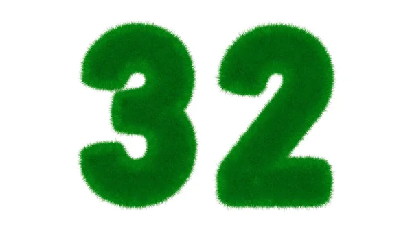 Number 32 from natural green font in the form of grass on an isolated white background. 3d render illustration