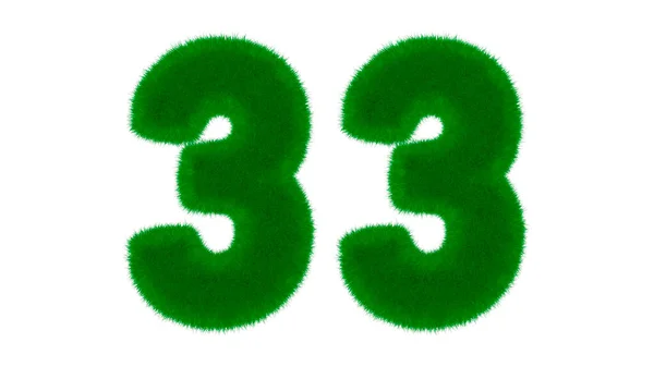 Number 33 from natural green font in the form of grass on an isolated white background. 3d render illustration