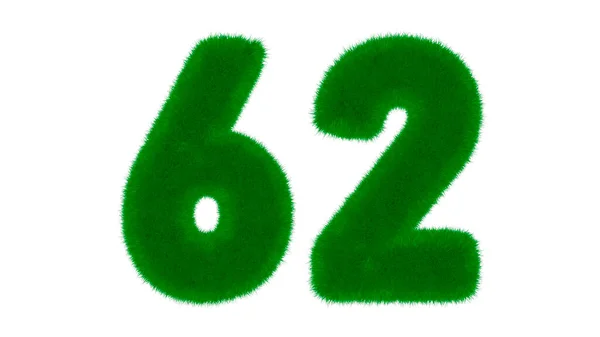 草の形をした天然の緑のフォントからの番号62は 隔離された白い背景にあります 3Dレンダリング図 — ストック写真
