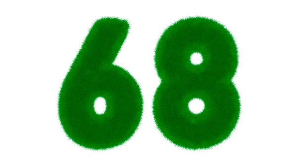 Number 68 from natural green font in the form of grass on an isolated white background. 3d render illustration