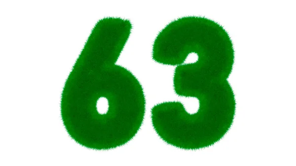 Number 63 from natural green font in the form of grass on an isolated white background. 3d render illustration