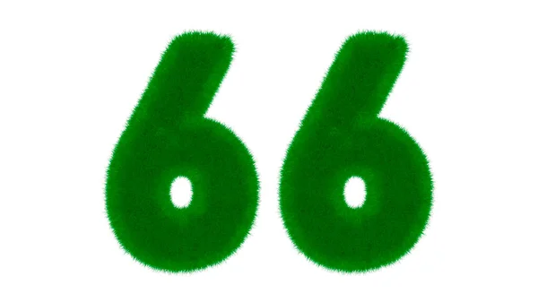 草の形をした天然緑のフォントからの番号66は 隔離された白い背景にあります 3Dレンダリング図 — ストック写真