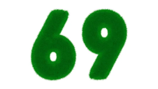 草の形をした天然の緑のフォントからの番号69は 隔離された白い背景にあります 3Dレンダリング図 — ストック写真