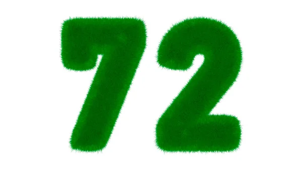 Number 72 from natural green font in the form of grass on an isolated white background. 3d render illustration