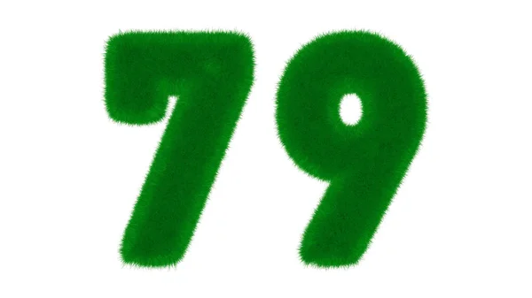 草の形をした天然の緑のフォントからの番号79は 隔離された白い背景にあります 3Dレンダリング図 — ストック写真