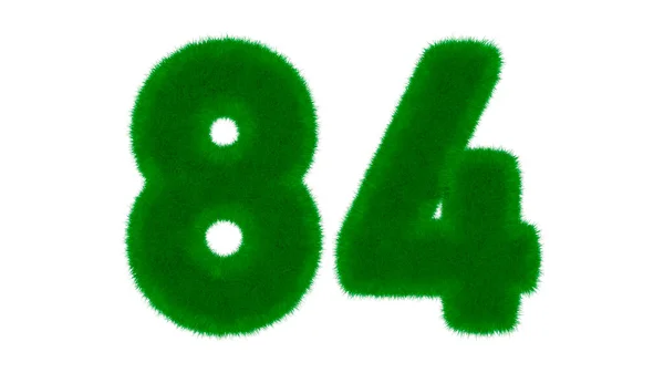 Number 84 from natural green font in the form of grass on an isolated white background. 3d render illustration