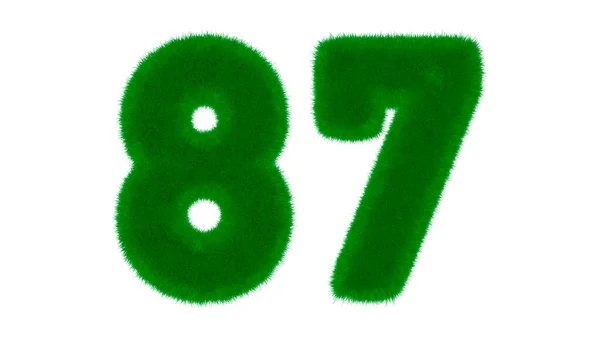 Number 87 from natural green font in the form of grass on an isolated white background. 3d render illustration
