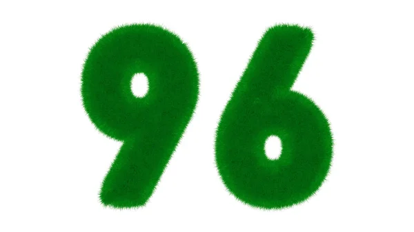Number 96 from natural green font in the form of grass on an isolated white background. 3d render illustration