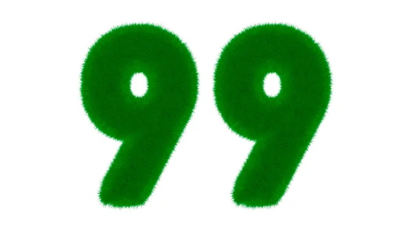 Number 99 from natural green font in the form of grass on an isolated white background. 3d render illustration