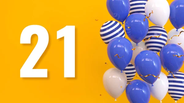 在一个黄色的背景上的题词21用气球 金色的意大利面 蛇纹石 明亮的概念 3D渲染 — 图库照片