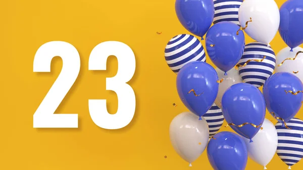 在一个黄色的背景上的题词23用气球 金色的意大利面 蛇纹石 明亮的概念 3D渲染 — 图库照片