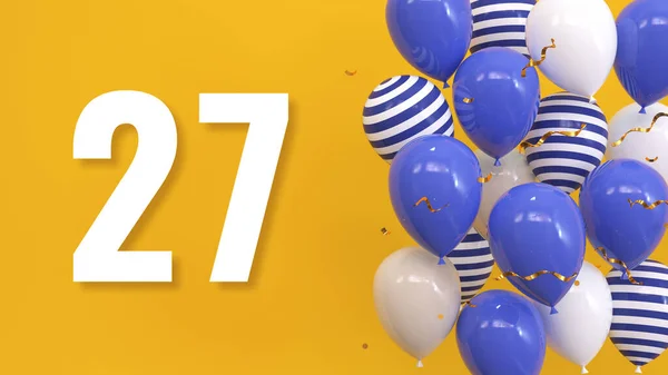 在一个黄色的背景上的题词27用气球 金色的意大利面 蛇纹石 明亮的概念 3D渲染 — 图库照片