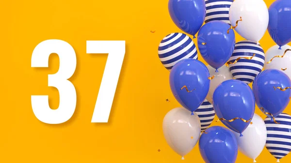在一个黄色的背景上的题词37用气球 金色的五彩纸屑 蛇纹石 明亮的概念 3D渲染 — 图库照片