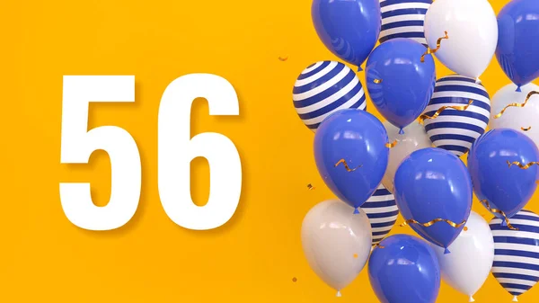 题词56在黄色的背景上用气球 金色的意大利面 蛇纹石 明亮的概念 3D渲染 — 图库照片