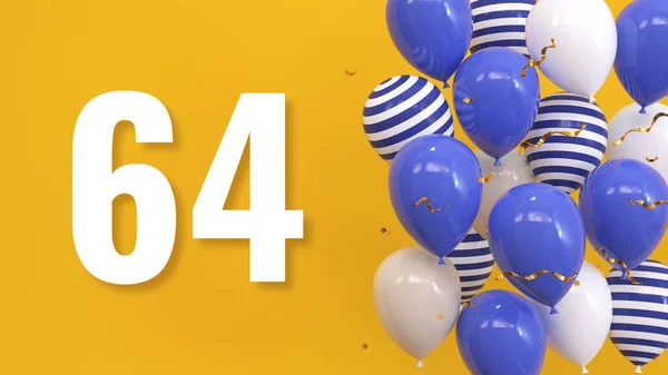 在一个黄色的背景上的题词64用气球 金色的意大利面 蛇纹石 明亮的概念 3D渲染 — 图库照片